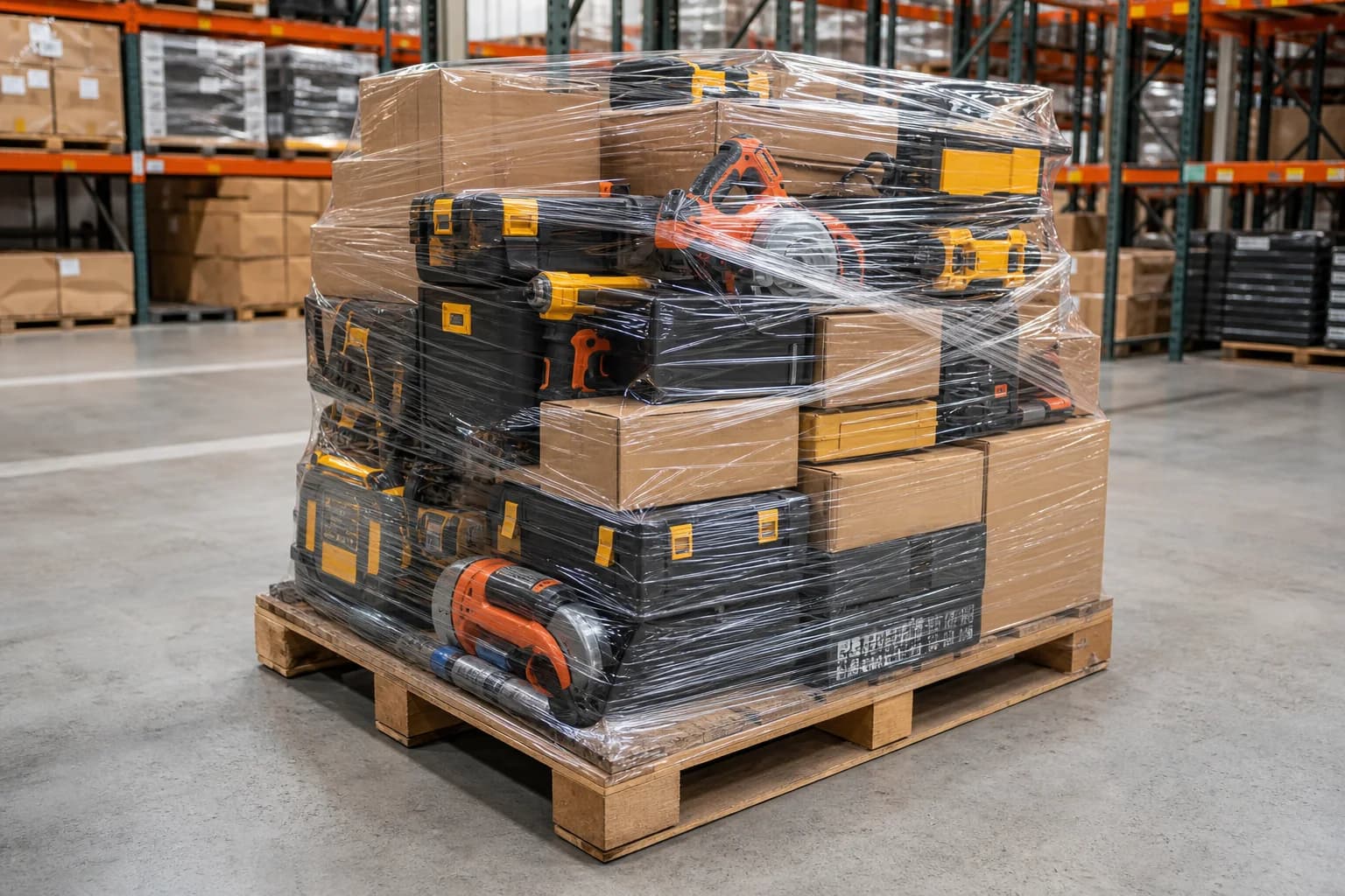Warehouse pallet containing dewalt & milwaukee cordless tool mix