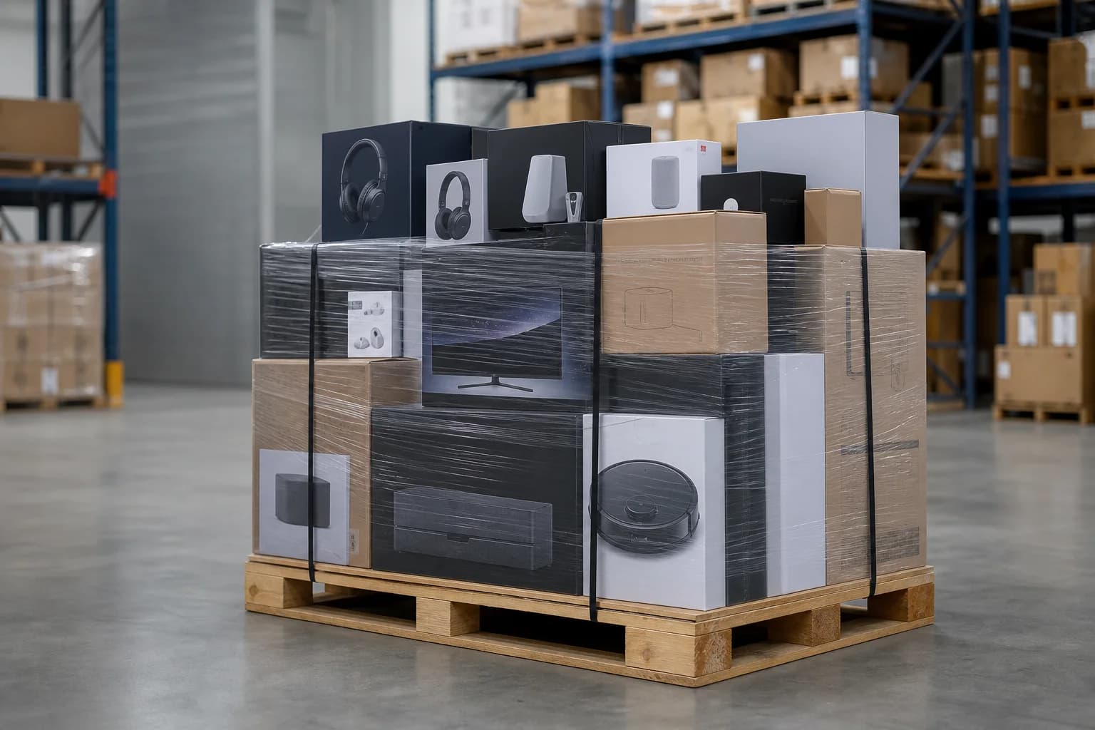 Warehouse pallet containing premium headphones & audio accessories